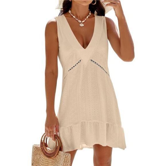 Womens Swimsuit‎ Cover Up V Neck Bathing Suit Cover Ups Eyelet Beach Dress - Picture 1 of 14